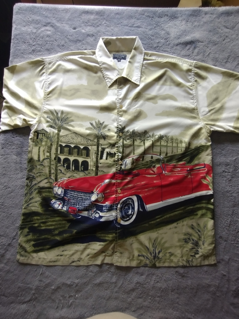 James Darby Men's Cream Short-Sleeve Button-Up Shirt with Red Car Print